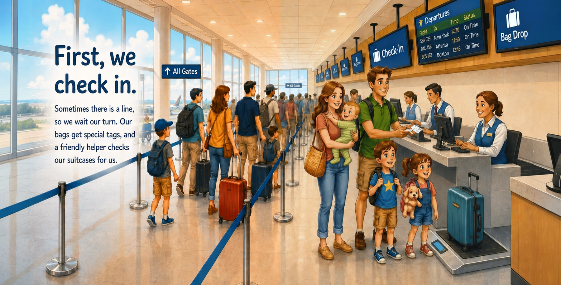 Illustrated book spread showing the family checking in at the airport.